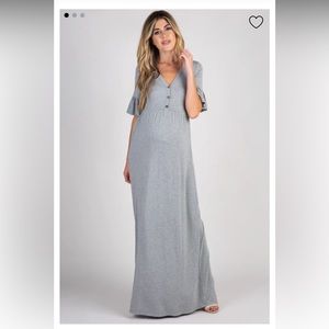 NWT: Heather Grey Button Ruffle Sleeve Maternity Maxi Dress